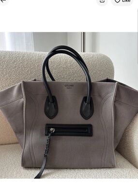 Celine Medium Phantom Tote in Taupe with Black Trim